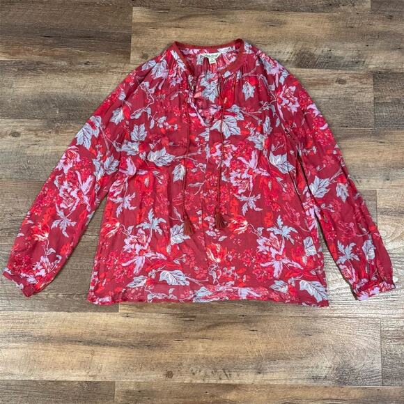 Lucky Brand Floral Peasant Blouse Red Boho Tassel Tie Slightly Sheer Small - Picture 1 of 10
